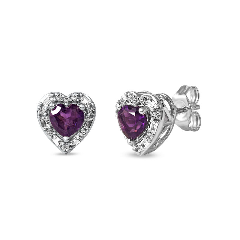 Amethyst & Created White Sapphire Halo Heart Stud Earrings in Sterling Silver image number null