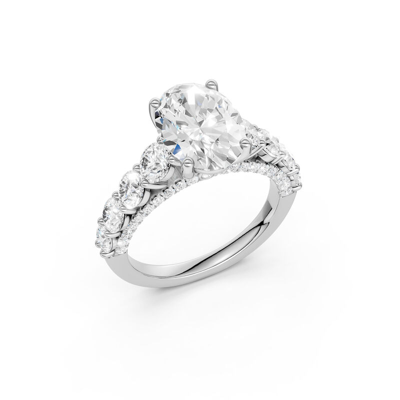 Oval Lab Grown Diamond 4 3/4ctw. Graduated Cathedral Engagement Ring with Round Diamonds in 14k White Gold image number null