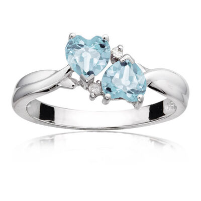 Aquamarine Double Heart Diamond Ring in Sterling Silver