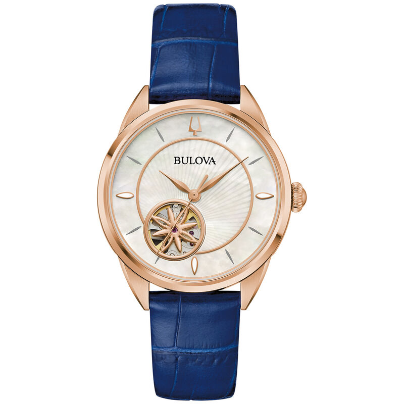 Bulova Ladies' Sutton Automatic White Mother of Pearl Dial Blue Leather Strap Rose Gold-Tone 34mm Watch 97L180 image number null