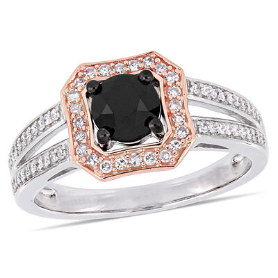 Black Round Diamond & Halo Split Shank 1ctw. Engagement Ring in 14k Rose Gold