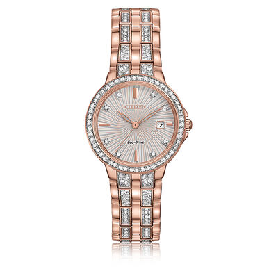 Citizen® Ladies Eco-Drive Crystal Accent Rose Gold-Tone Stainless Steel Bracelet Watch 28mm EW2348-56A