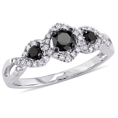 Brilliant-Cut 1/2ctw Black & White Diamond 3-Stone Twist Ring in 10k White Gold