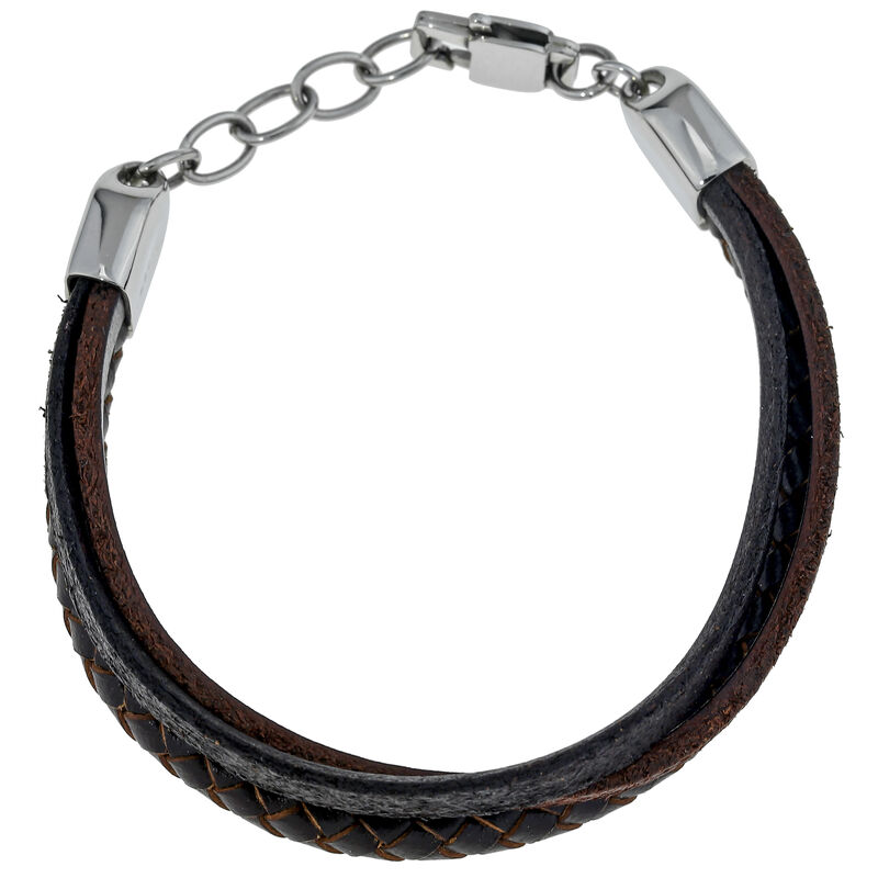 Men's Stainless Steel Clasp 3-Strap Brown Leather Bracelet image number null