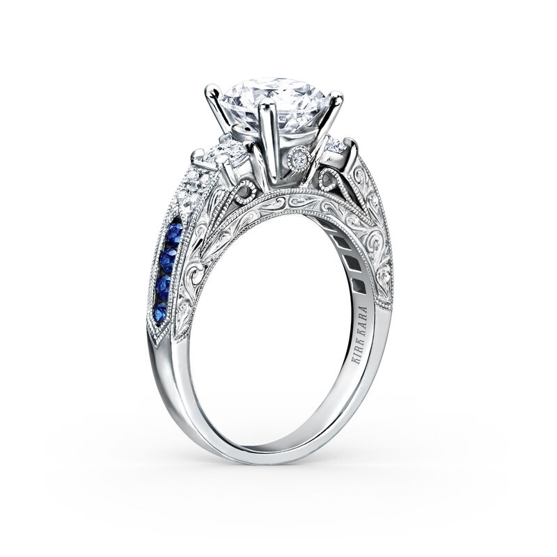 Art Deco Round-Cut Blue Sapphire and Diamond Hand Engraved Engagement Setting in 18k White Gold K1390SDE-R image number null