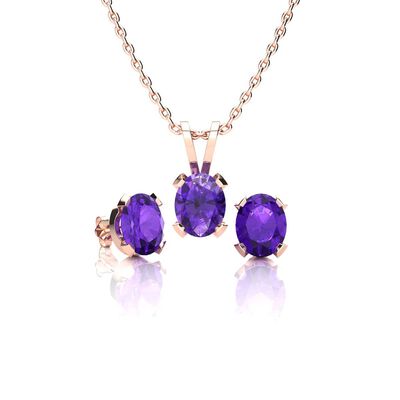 Oval-Cut Amethyst Necklace & Earring Jewelry Set in 14k Rose Gold Plated Sterling Silver