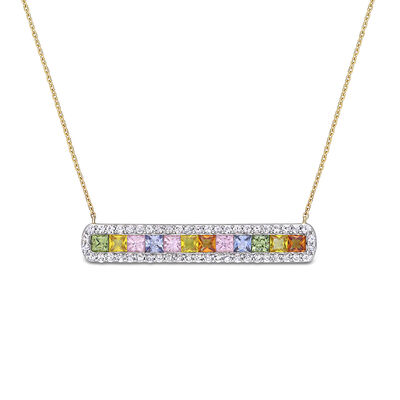 Rainbow Created Sapphire & Diamond Bar Necklace in 14k Yellow Gold