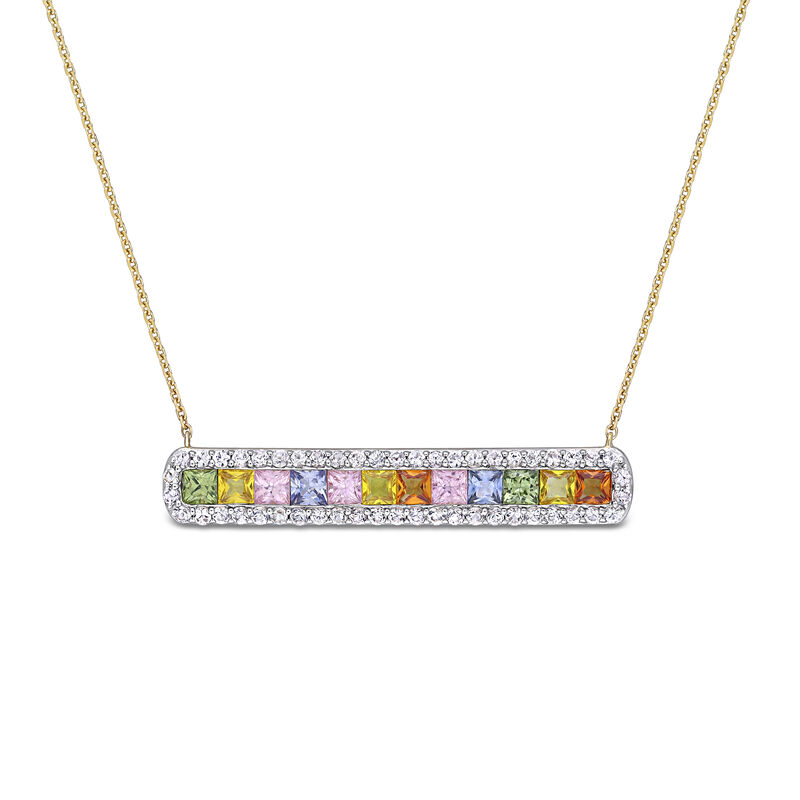 Rainbow Created Sapphire & Diamond Bar Necklace in 14k Yellow Gold image number null