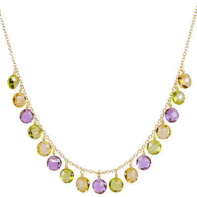 Multi-Gem Crystal Coin Dangle Fashion Necklace in 14k Yellow Gold