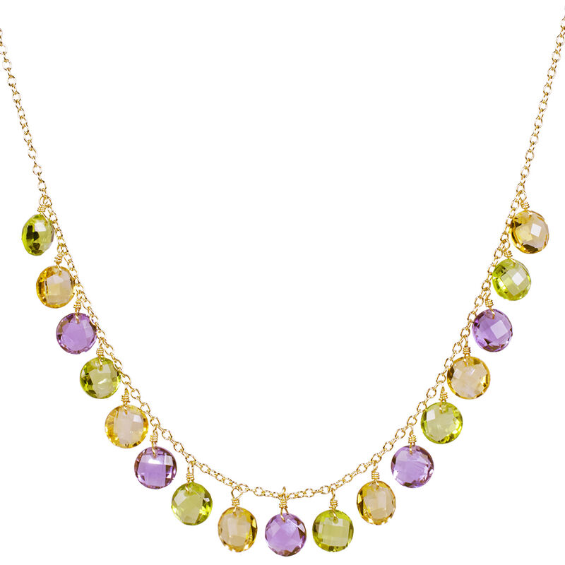 Multi-Gem Crystal Coin Dangle Fashion Necklace in 14k Yellow Gold image number null
