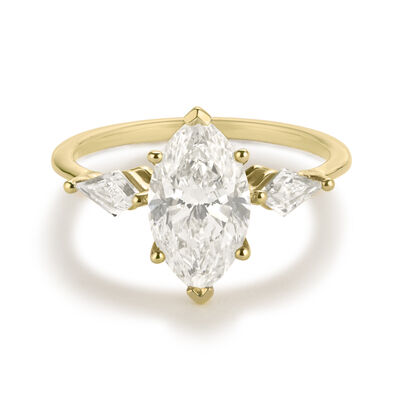 Marquise-Cut Lab Grown 2 3/8ctw. Diamond with Kite Shape Side Accents Three-Stone Engagement Ring in 14k Yellow Gold