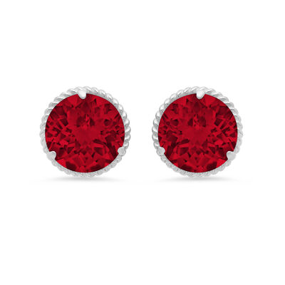 Created Ruby Roped Halo Stud Earrings in 14k White Gold