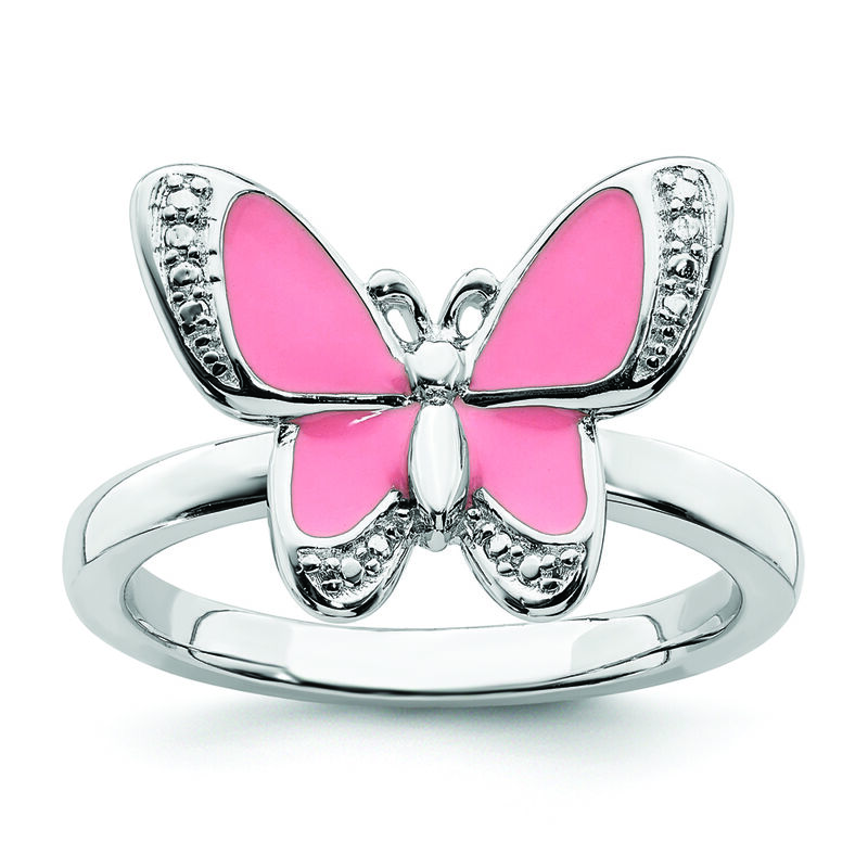 Stackable Pink Enamel Butterfly Ring in Sterling Silver image number null