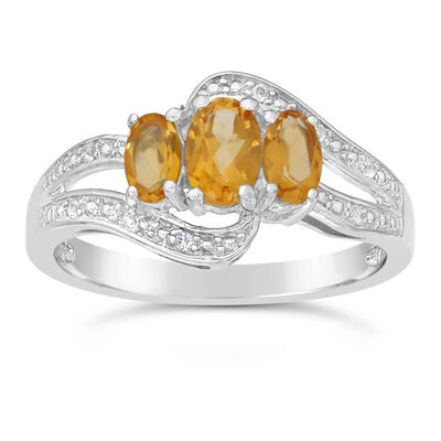 Triple Oval Citrine and White Topaz Ring in Sterling Silver 