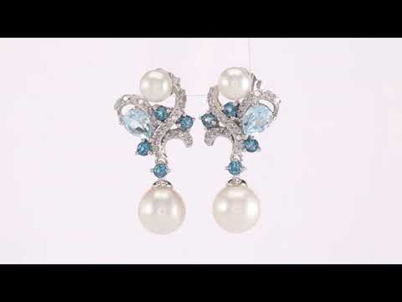  London Blue Topaz & Sky Blue Topaz w/ Freshwater Pearl Cluster Drop Earrings in 10k White Gold image number null