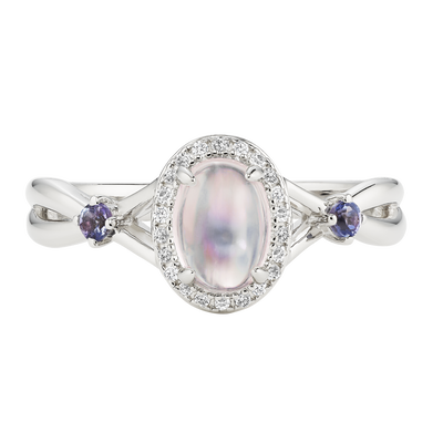 Oval Moonstone, Tanzanite & Diamond Halo Ring in Sterling Silver