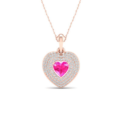 Created Pink Sapphire & Diamond Heart Halo Pendant in 10k Rose Gold