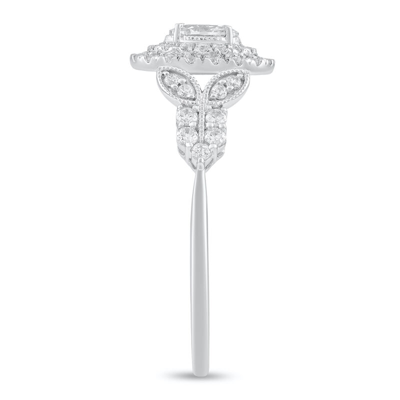 Oval Natural Diamond 5/8ctw. Milgrain Double Halo Leaf Pattern Engagement Ring in 14k White Gold image number null