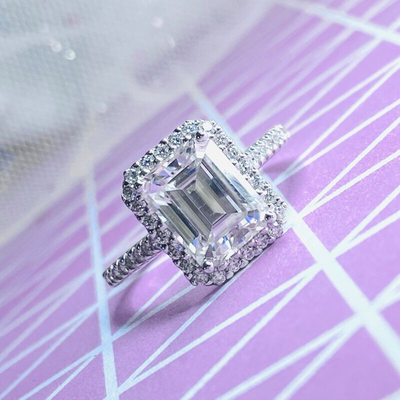 Emerald-Cut Moissanite Halo Engagement Ring in 10k White Gold image number null