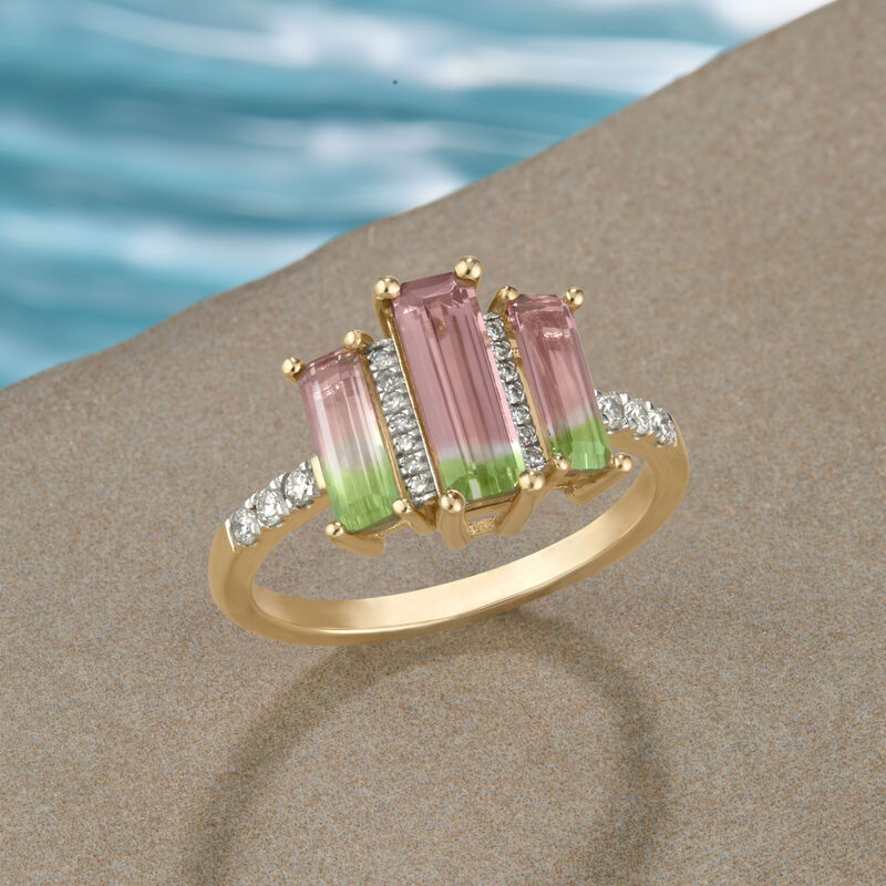 Elongated Three Stone Watermelon Tourmaline & Diamond Ring in 10k Yellow Gold image number null