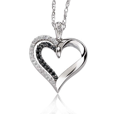 Black & White Diamond Heart Pendant in Sterling Silver