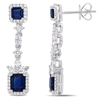 Cushion-Cut Sapphire & Diamond Drop Earrings in 14k White Gold