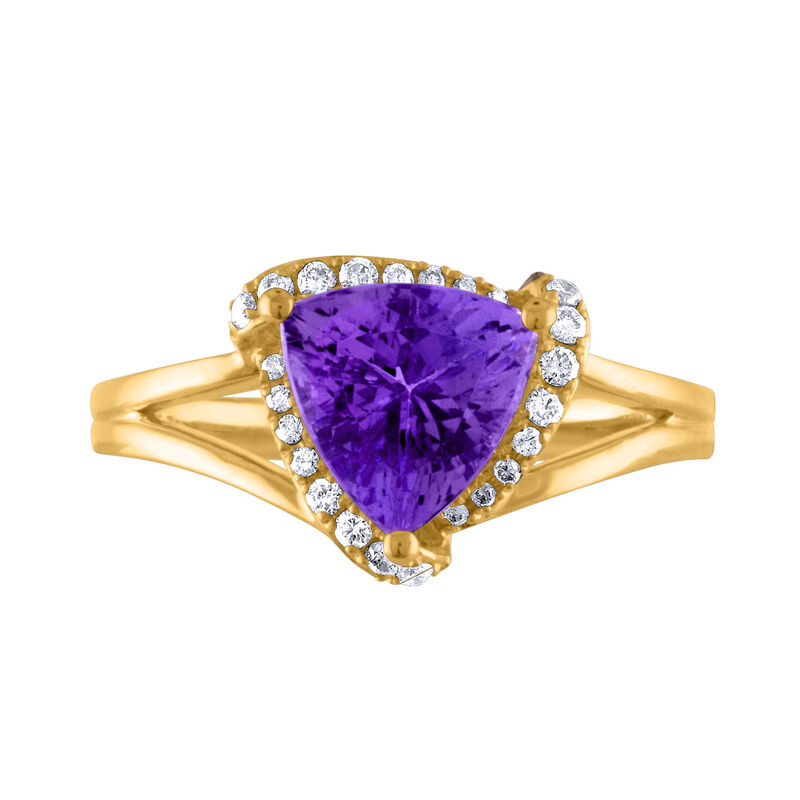 Trilliant-Cut Amethyst Diamond Halo Ring in 10k Yellow Gold image number null