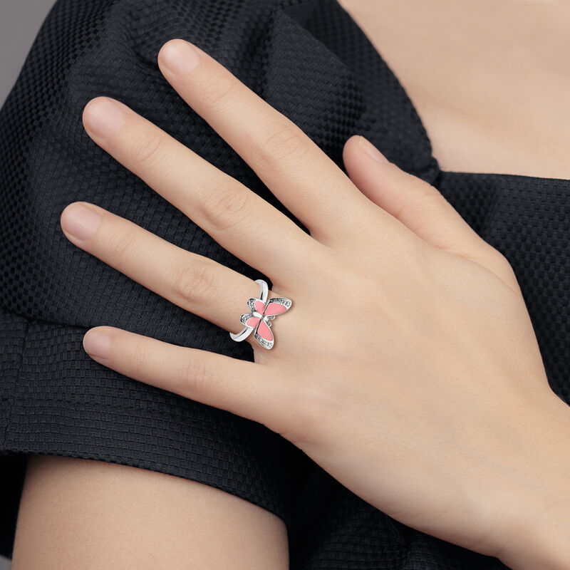 Stackable Pink Enamel Butterfly Ring in Sterling Silver image number null