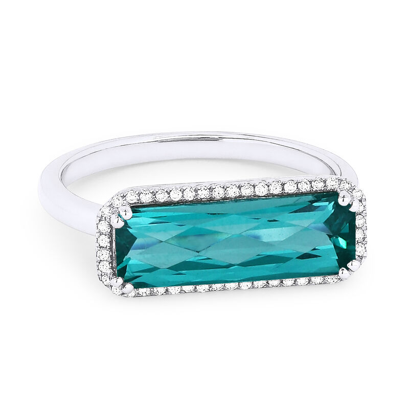 Fiji Blue Sideway Created Emerald-Cut Spinel & Diamond Ring in 14k White Gold image number null