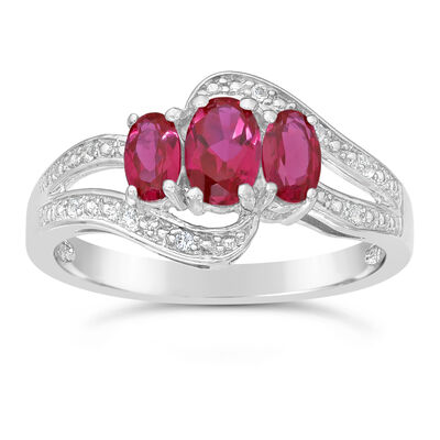Triple Oval Created Ruby and Created White Sapphire Ring in Sterling Silver 