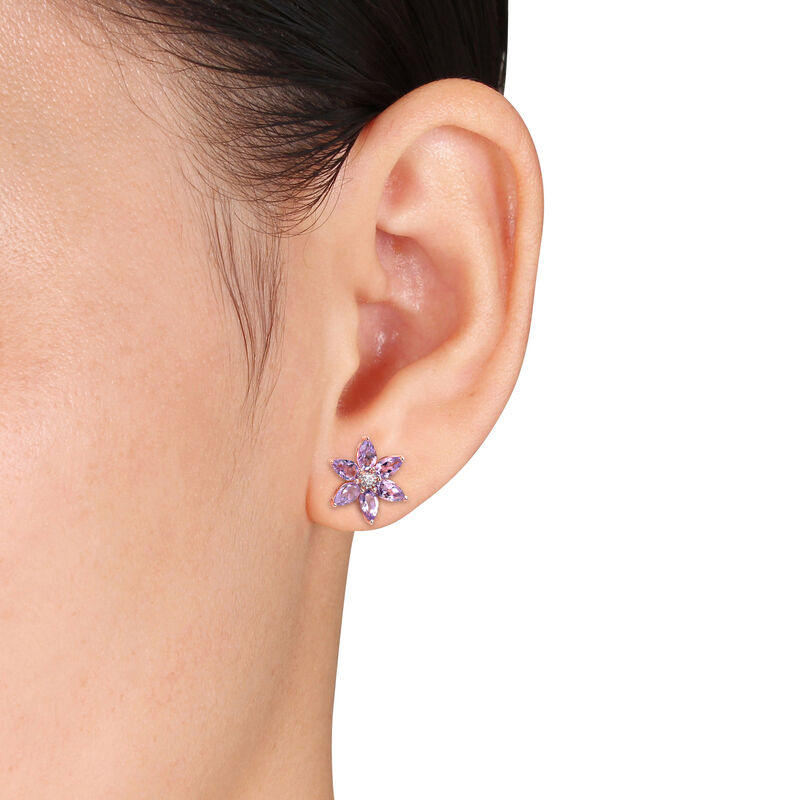 Amethyst & Diamond Floral Stud Earrings in 10k Rose Gold image number null
