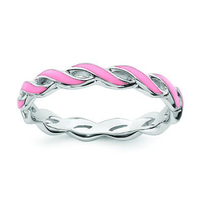 Pink Cancer Awareness Ribbon Stackable Ring in Sterling Silver