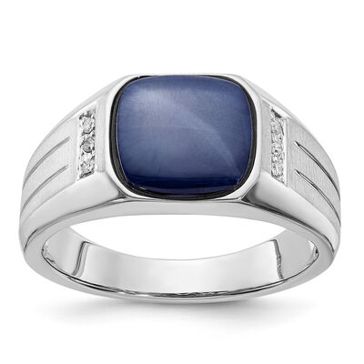 Men's Blue Sapphire & Diamond Star Ring in Sterling Silver