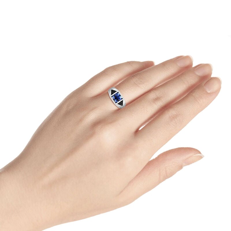 Men's 8mm Created Sapphire & Black Diamond Ring in 10k White Gold image number null