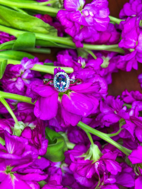 JK Crown Oval Aquamarine & Diamond Halo Twist Ring