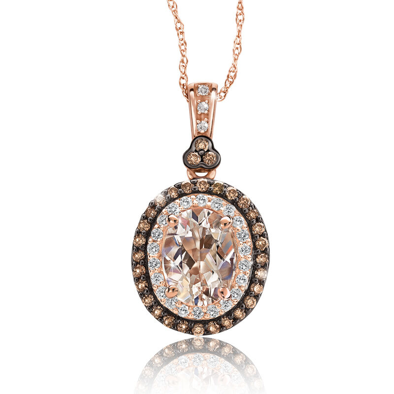 JK Crown: Morganite & Champagne Diamond Halo Pendant in 10k Rose Gold image number null