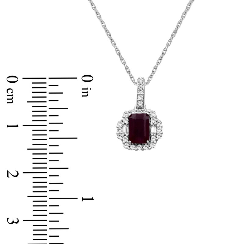 Emerald-Cut Ruby & Diamond Halo Pendant in 10k White Gold image number null