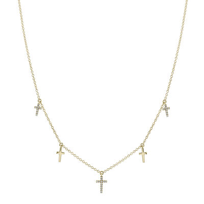 Shy Creation 0.09 ctw Diamond Cross Dangle Necklace in 14k Yellow Gold