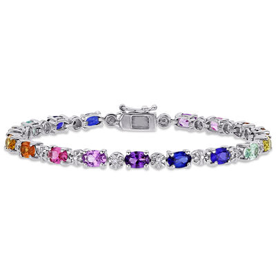 Rainbow Created Sapphire & Diamond Oval Bracelet in Sterling Silver 