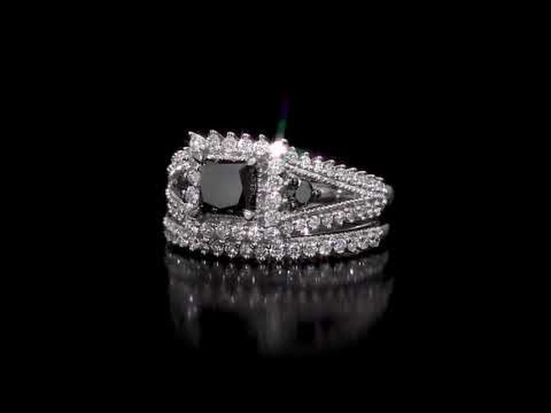 Princess-Cut Black Diamond Halo 2ctw. Engagement Ring + Matching Wedding Band in 10k White Gold image number null