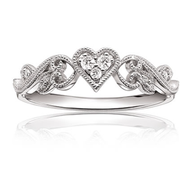 Diamond Heart Scroll Design Promise Ring in 10k white Gold