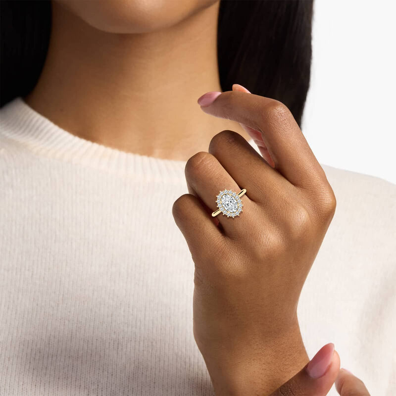 Oval Lab Grown Diamond 2 1/2ctw. Halo Engagement Ring in 14k Yellow Gold image number null