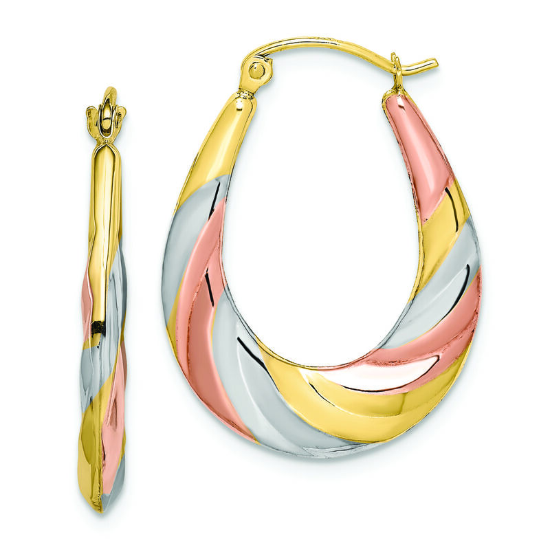 Oval Scalloped Hollow Hoop Earrings in 10k Rose, White and Yellow Gold image number null