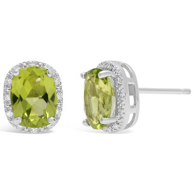Peridot & Diamond Halo Stud Earrings in Sterling Silver