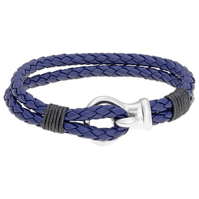 Men's Stainless Steel Clasp Blue Leather Rope Bracelet
