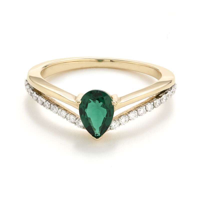 Pear-Shaped Created Emerald Lab Grown Diamond V Shape Ring in 10k Yellow Gold image number null