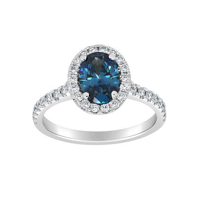 Oval-Cut Lab Grown 1 3/8ctw. Blue Diamond Halo Engagement Ring in 14k White Gold