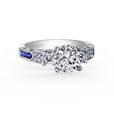 Art Deco Round-Cut Blue Sapphire and Diamond Hand Engraved Engagement Semi-Mount in 18k White Gold K1390SDE-R