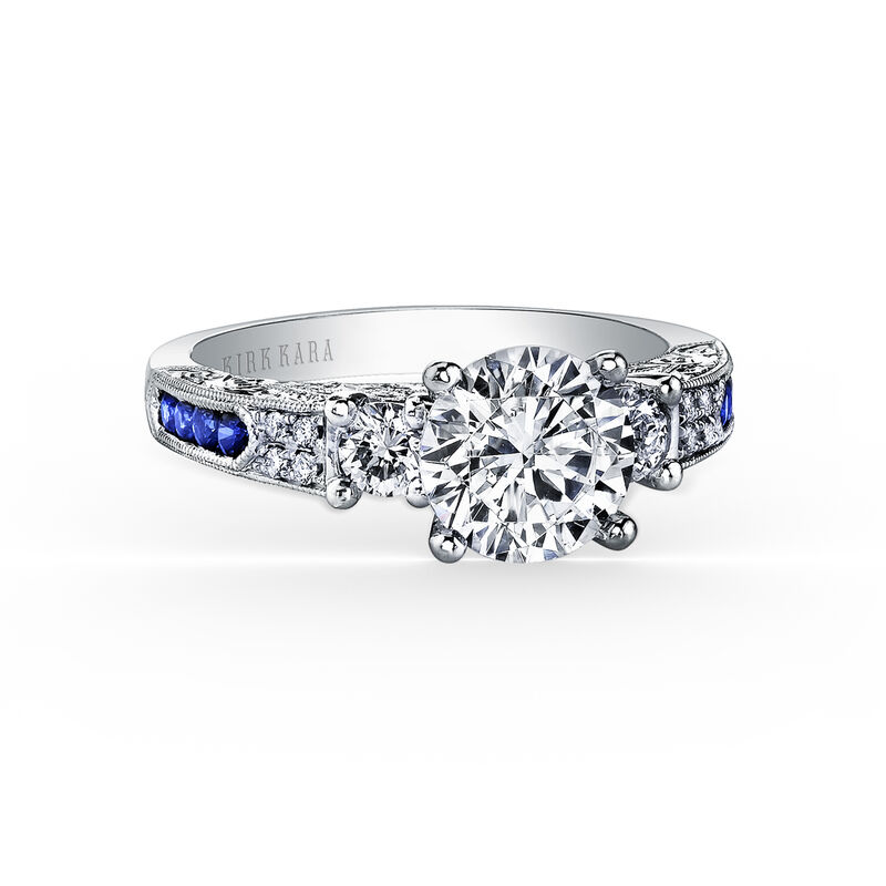 Art Deco Round-Cut Blue Sapphire and Diamond Hand Engraved Engagement Setting in 18k White Gold K1390SDE-R image number null