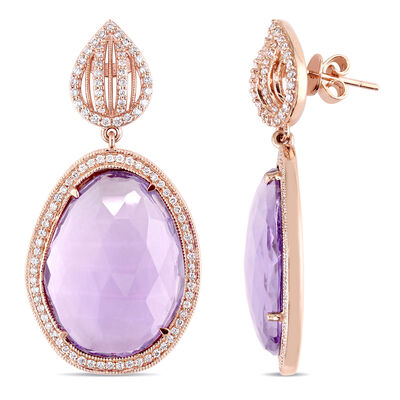 Rose-Cut Amethyst & Diamond 7/8ctw. Halo Statement Earrings in 14k Rose Gold